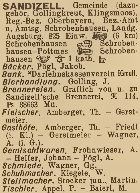 Gemeinde Sandizell - Branchenverzeichnis 1938